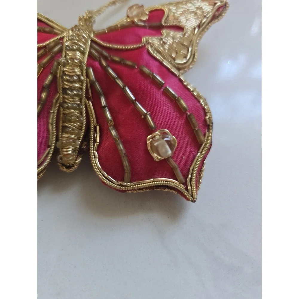 Vtg Butterfly Christmas Ornaments Decorative Pink‎ Gold Thread Beaded Set Of 2